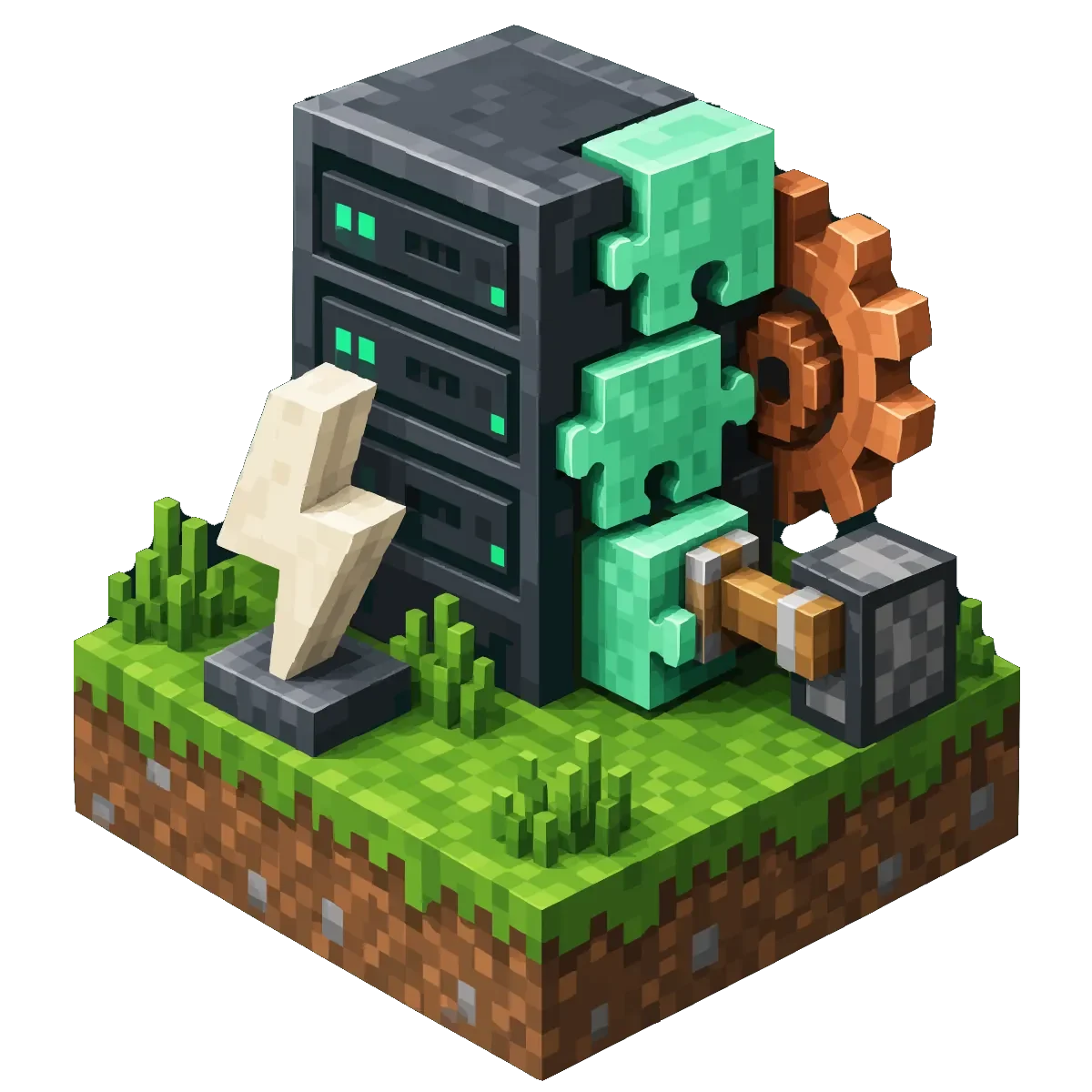 Pixel art server block with a lightning bolt, gears and a puzzle piece on a grass island, Fabric Minecraft server hosting on Lodehost