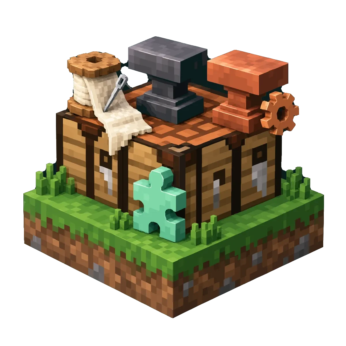 Pixel art anvil and workbench with gears and a puzzle piece on a grass island, Forge Minecraft server hosting on Lodehost