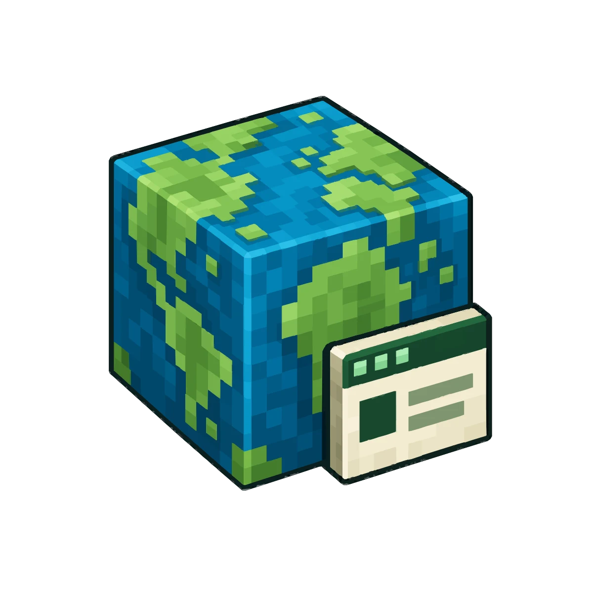 Pixel art globe with a web page window, the free Minecraft server website included with Lodehost plans