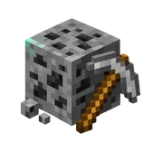 Pixel art coal ore block with a pickaxe, the Mini plan emblem for 4 GB Minecraft server hosting on Lodehost