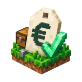 Pixel art price tag with a euro sign and a green tick on a grass block, cheap Minecraft server hosting in Europe