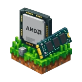 Pixel art AMD processor and NVMe drive on a grass block, Minecraft server hosting in Poland on a Ryzen 9 7950X