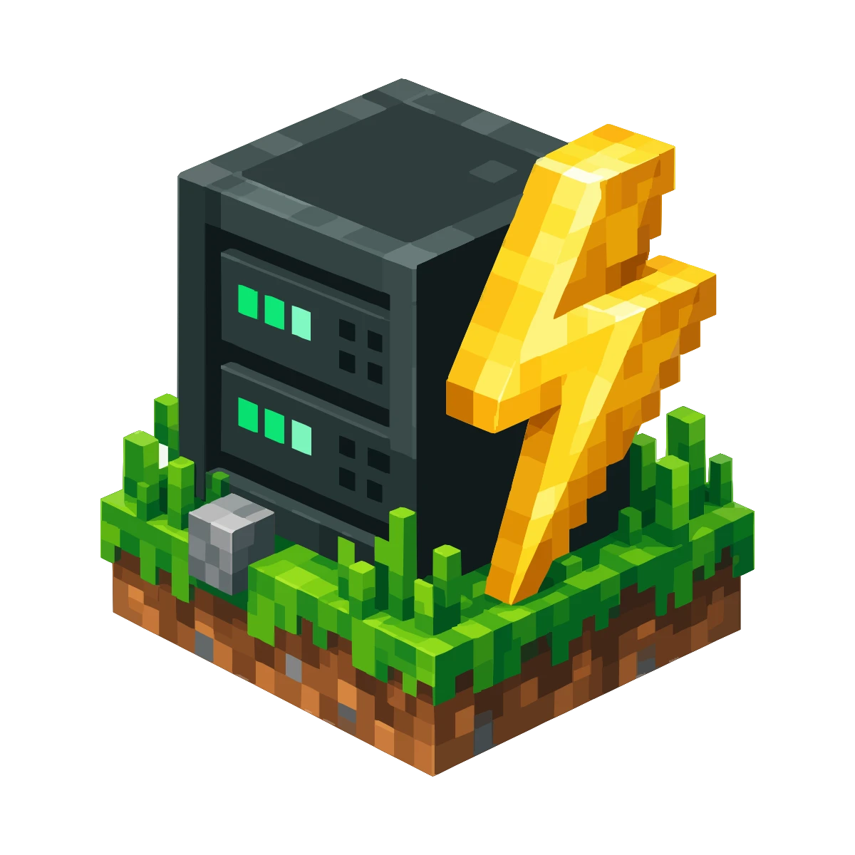 Pixel art server rack with a lightning bolt on a grass block, Minecraft server hosting in Germany on Lodehost