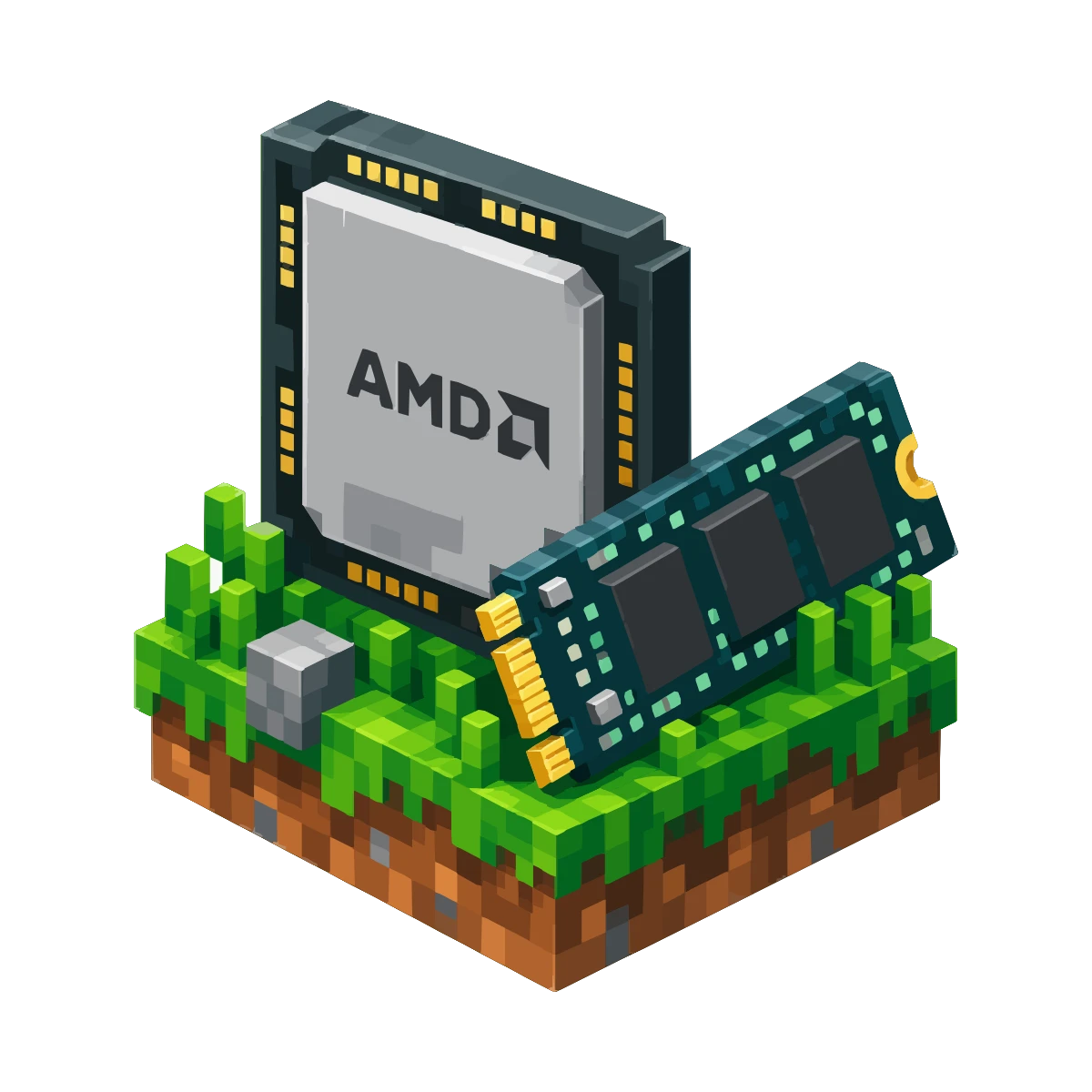 Pixel art AMD processor and NVMe drive on a grass block, Minecraft server hosting in Poland on a Ryzen 9 7950X