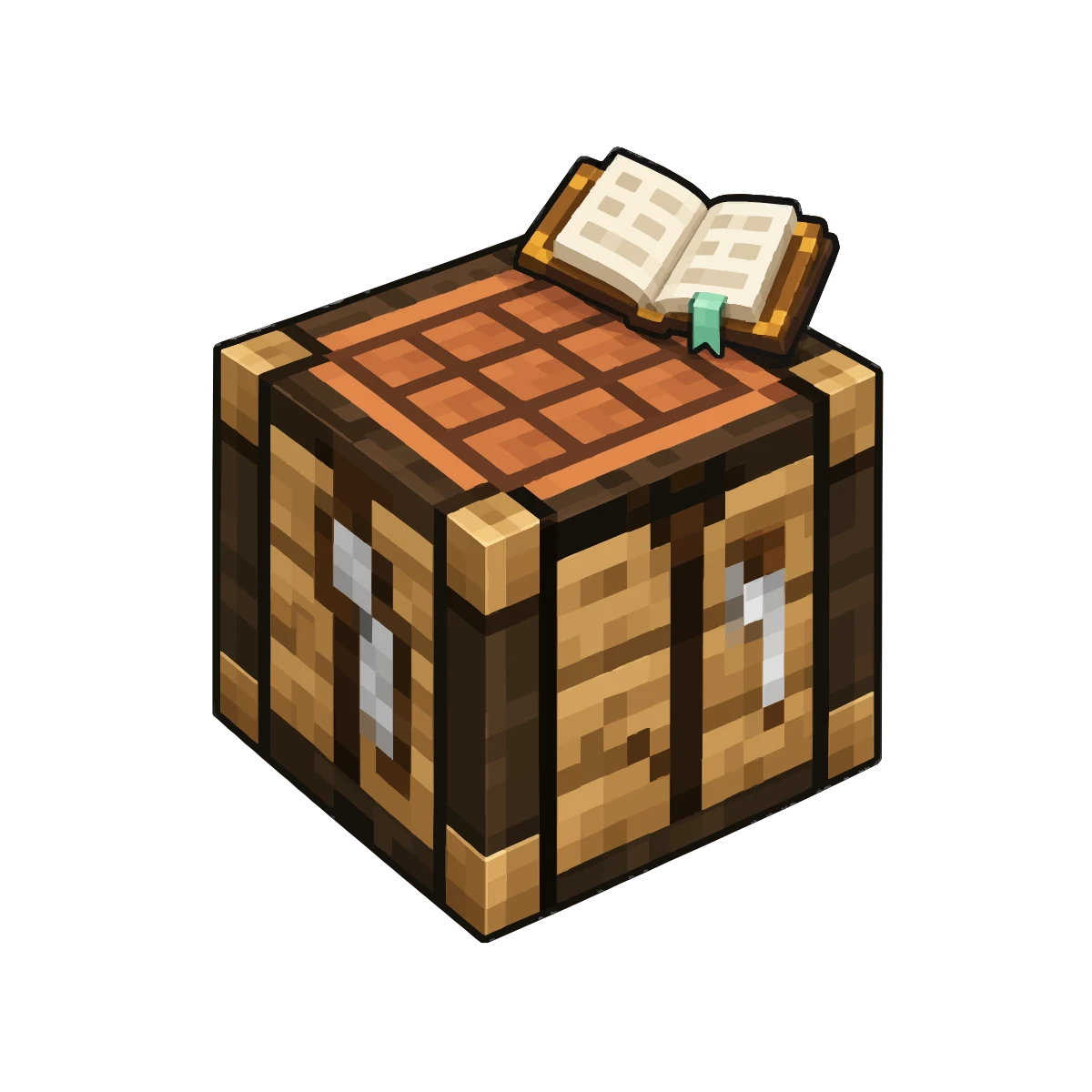 Pixel art crafting table with an open book on top, one click Minecraft modpack installs on Lodehost