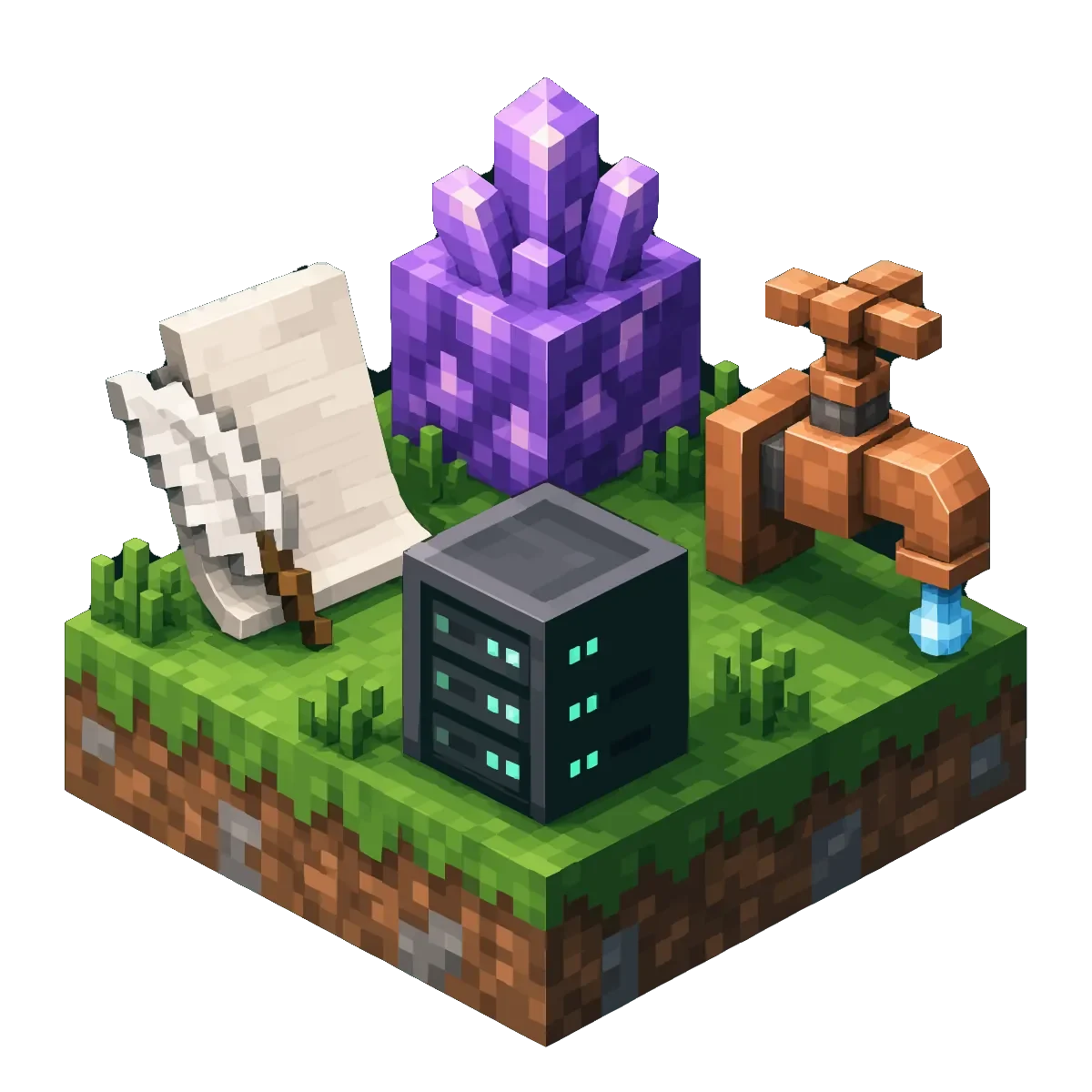 Pixel art paper scroll, amethyst and a server block on a grass island, Paper Minecraft server hosting on Lodehost