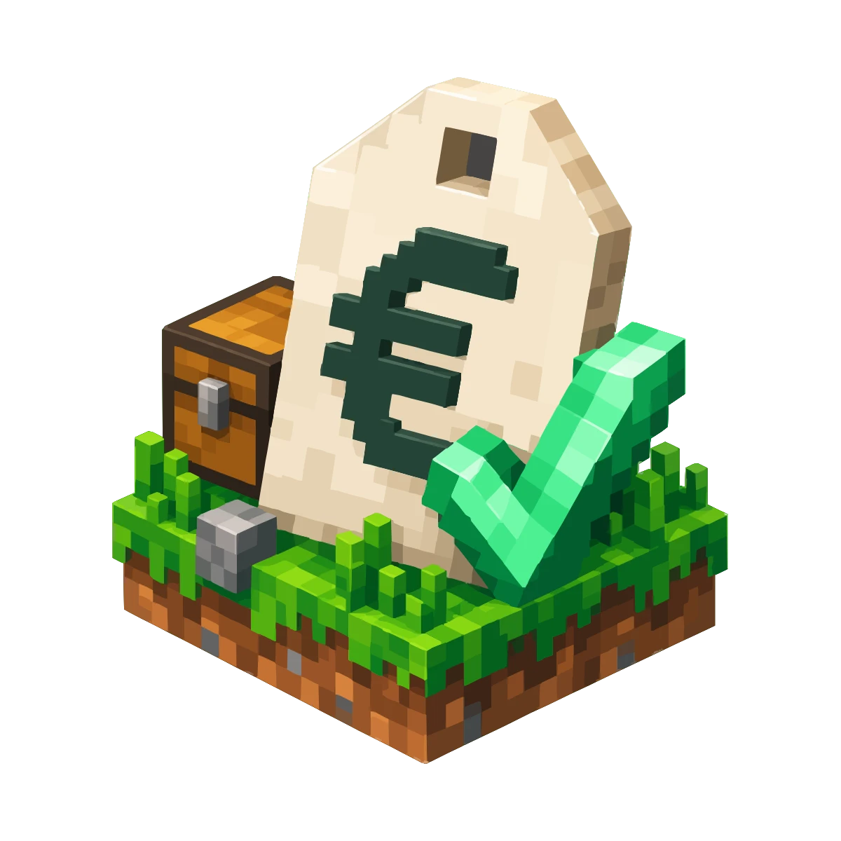 Pixel art price tag with a euro sign, a chest and a green check, the service promises at Lodehost