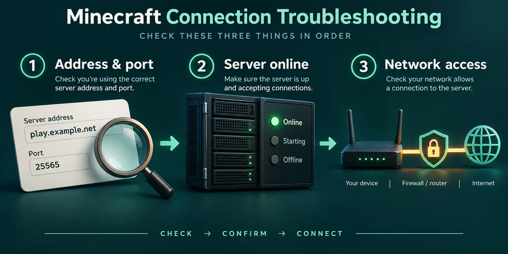 Minecraft connection checks for address, server availability and network access