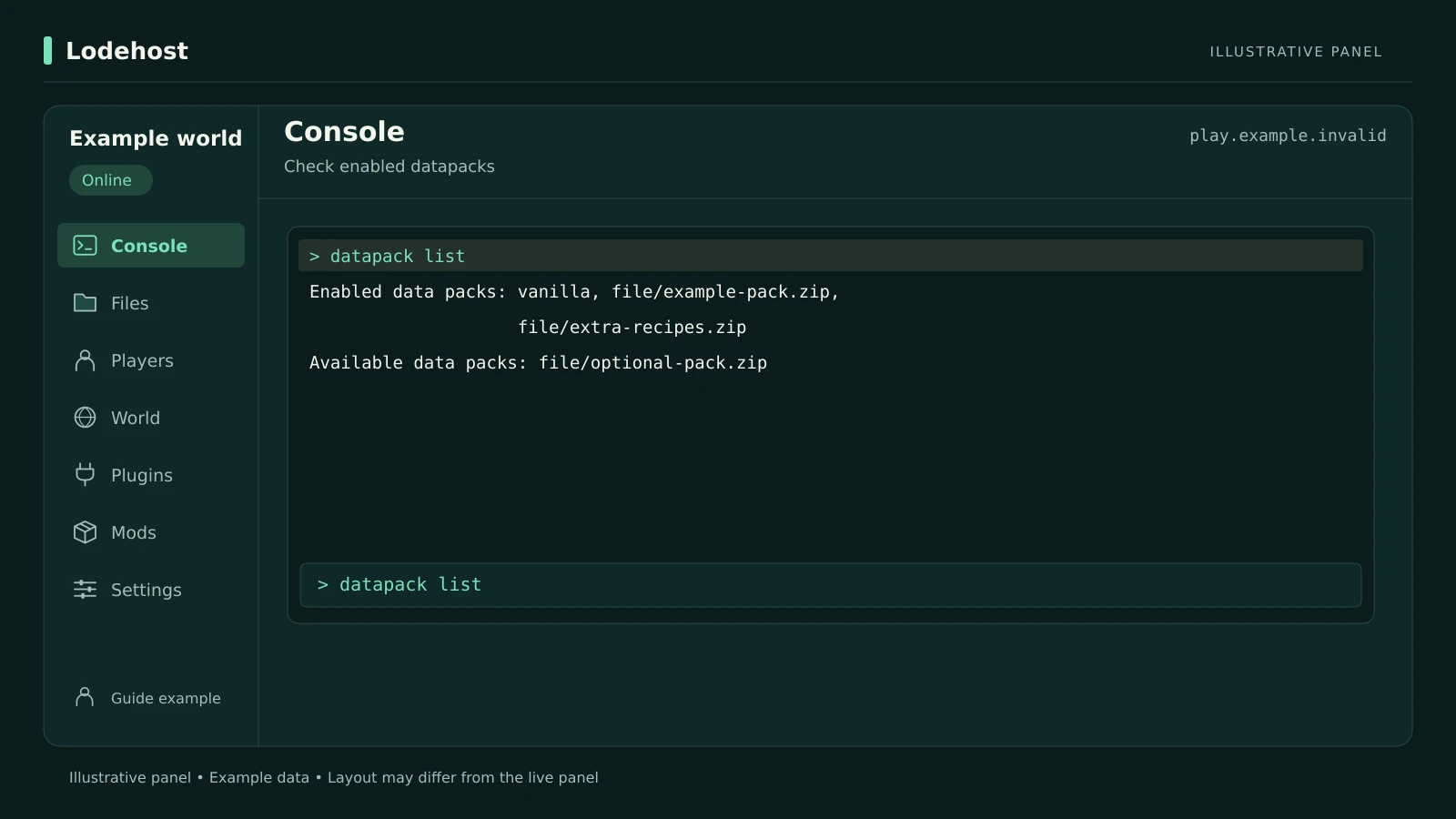Wynik polecenia datapack list w konsoli z włączonymi i dostępnymi paczkami