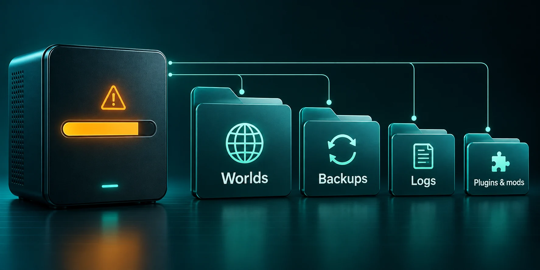 Worlds, backups, logs, plugins and mods contribute to server disk use