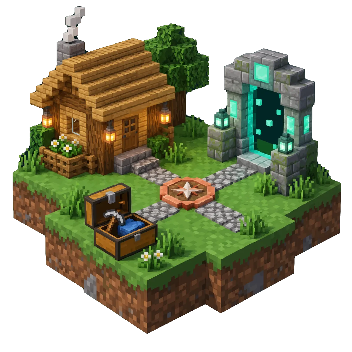 A small survival town with a house, a signpost and a chest connected by teleport lines