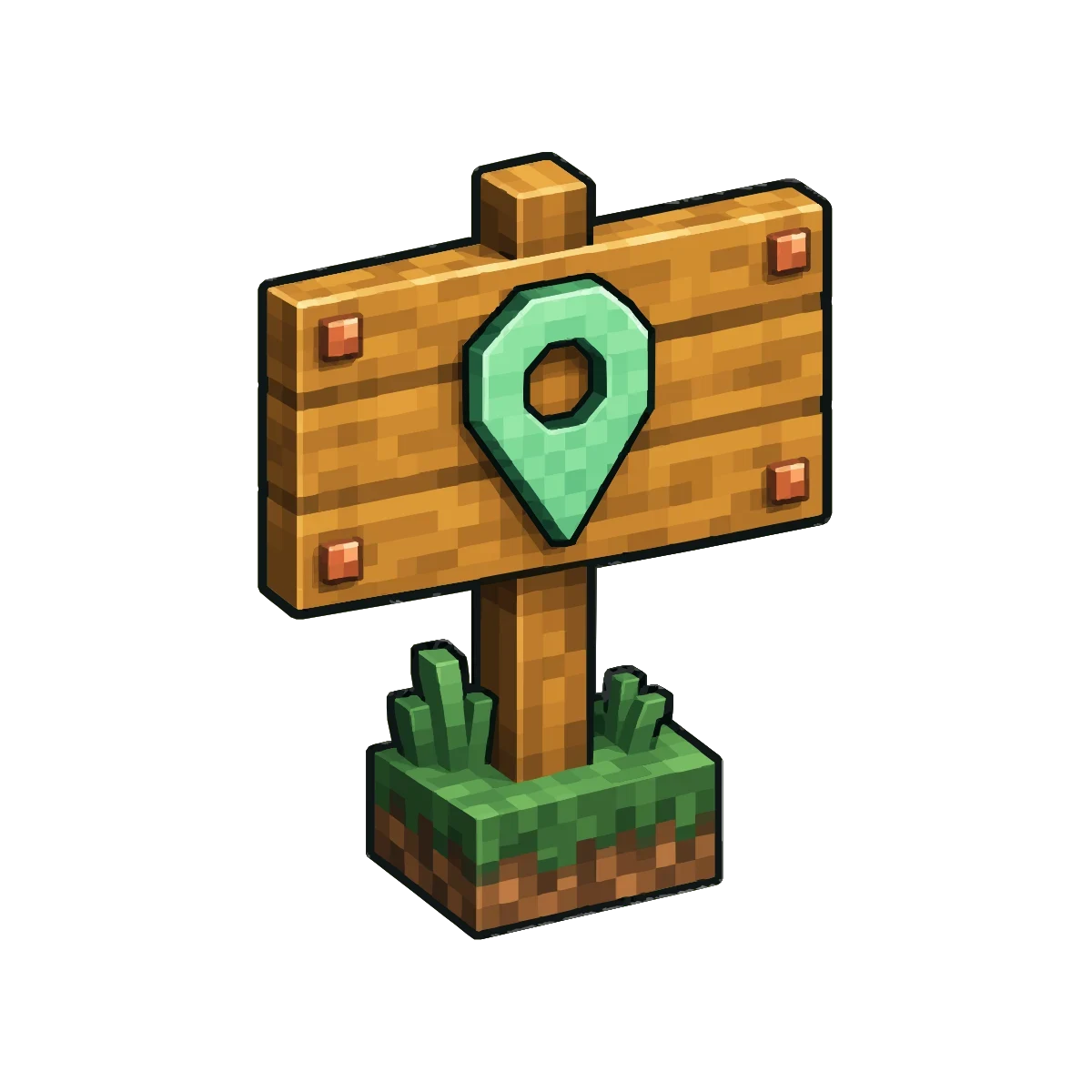 A wooden signpost with a green location pin on a grass block