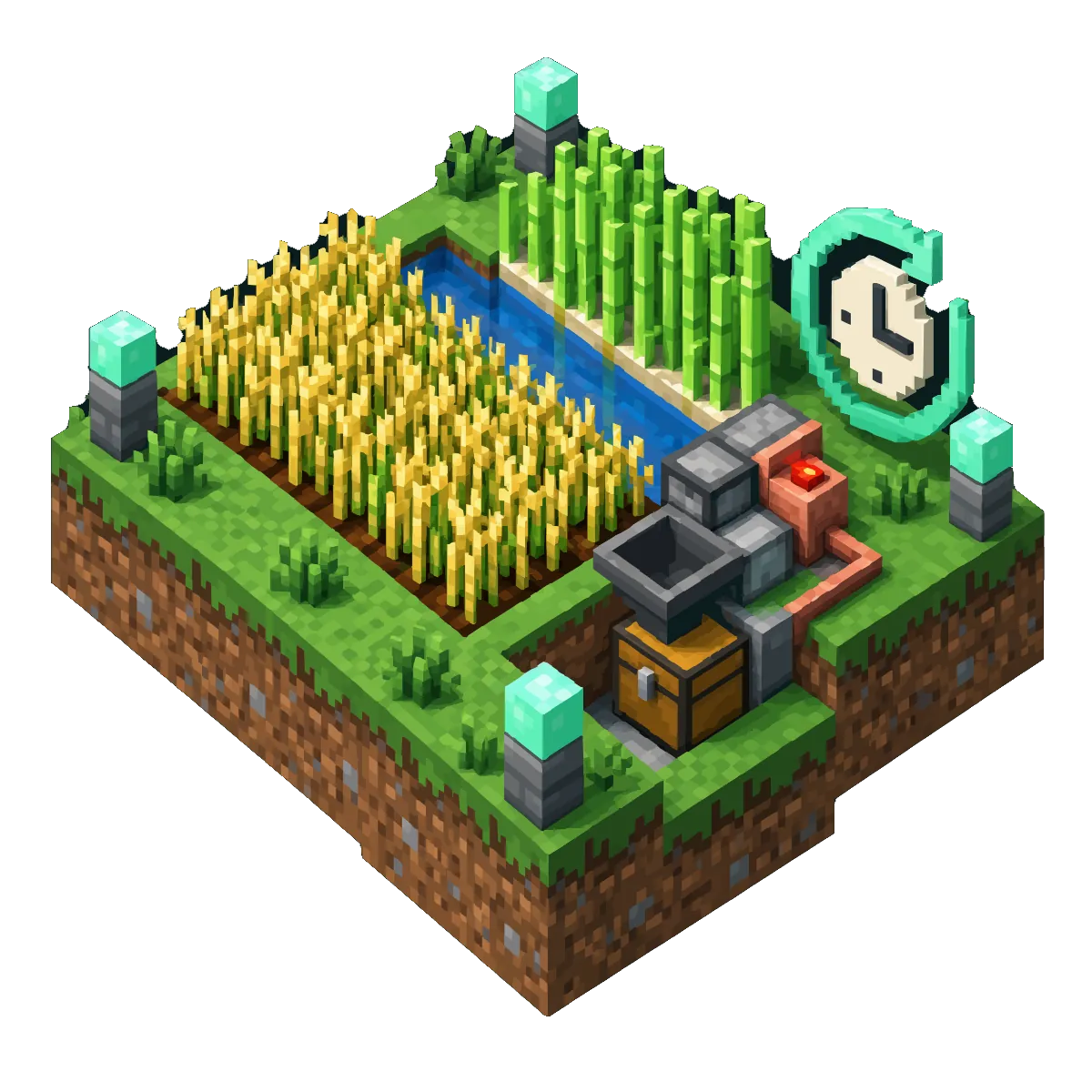 A grid of chunks with a small highlighted block of squares kept alive around a farm