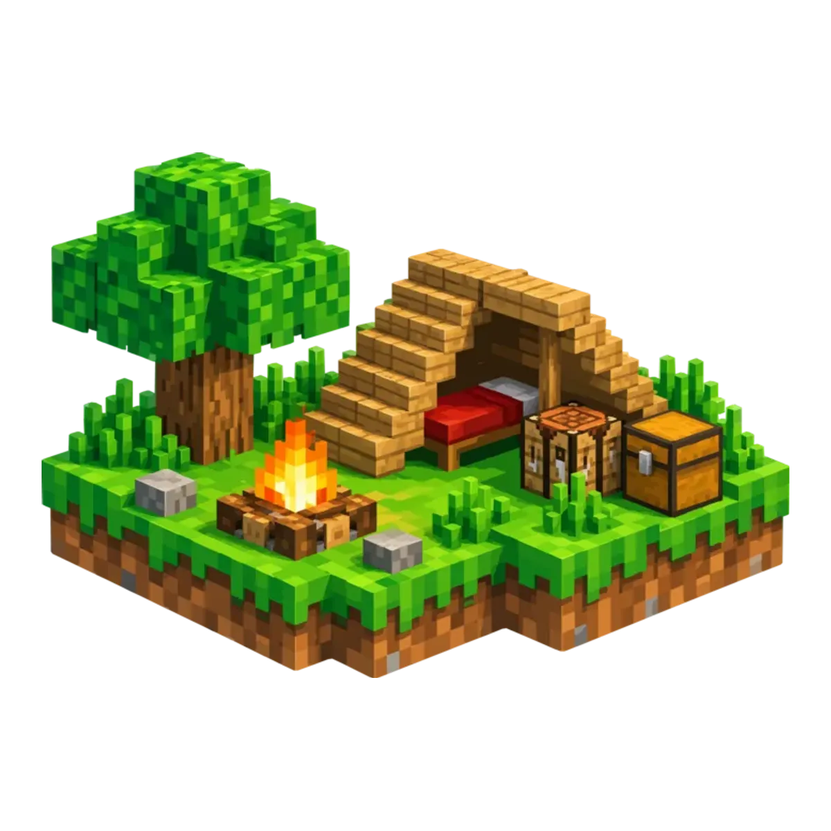 A small camp on a floating grass island with a tent, a campfire, a bed and a chest