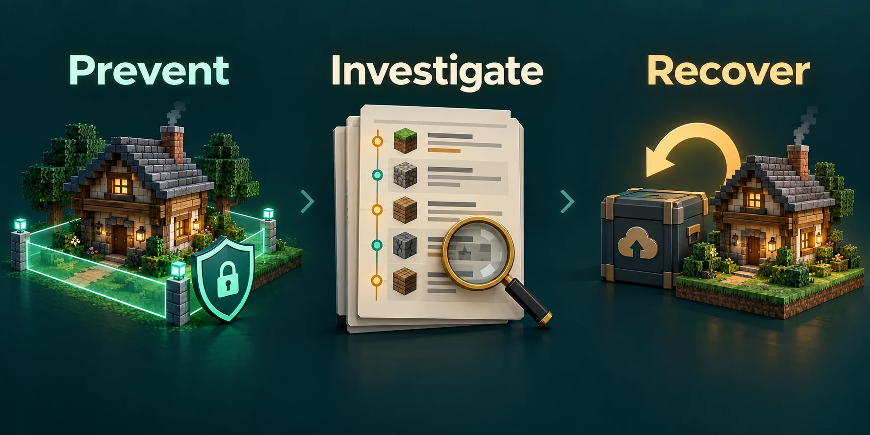 Three parts of griefing protection: prevent damage, investigate changes and recover a build