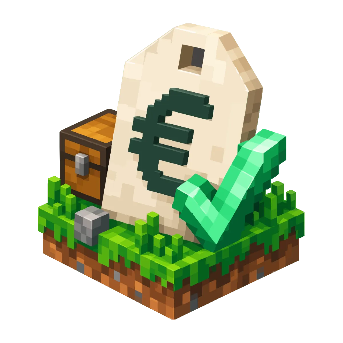 A price tag with a euro sign and a green tick standing on a grass block next to a chest