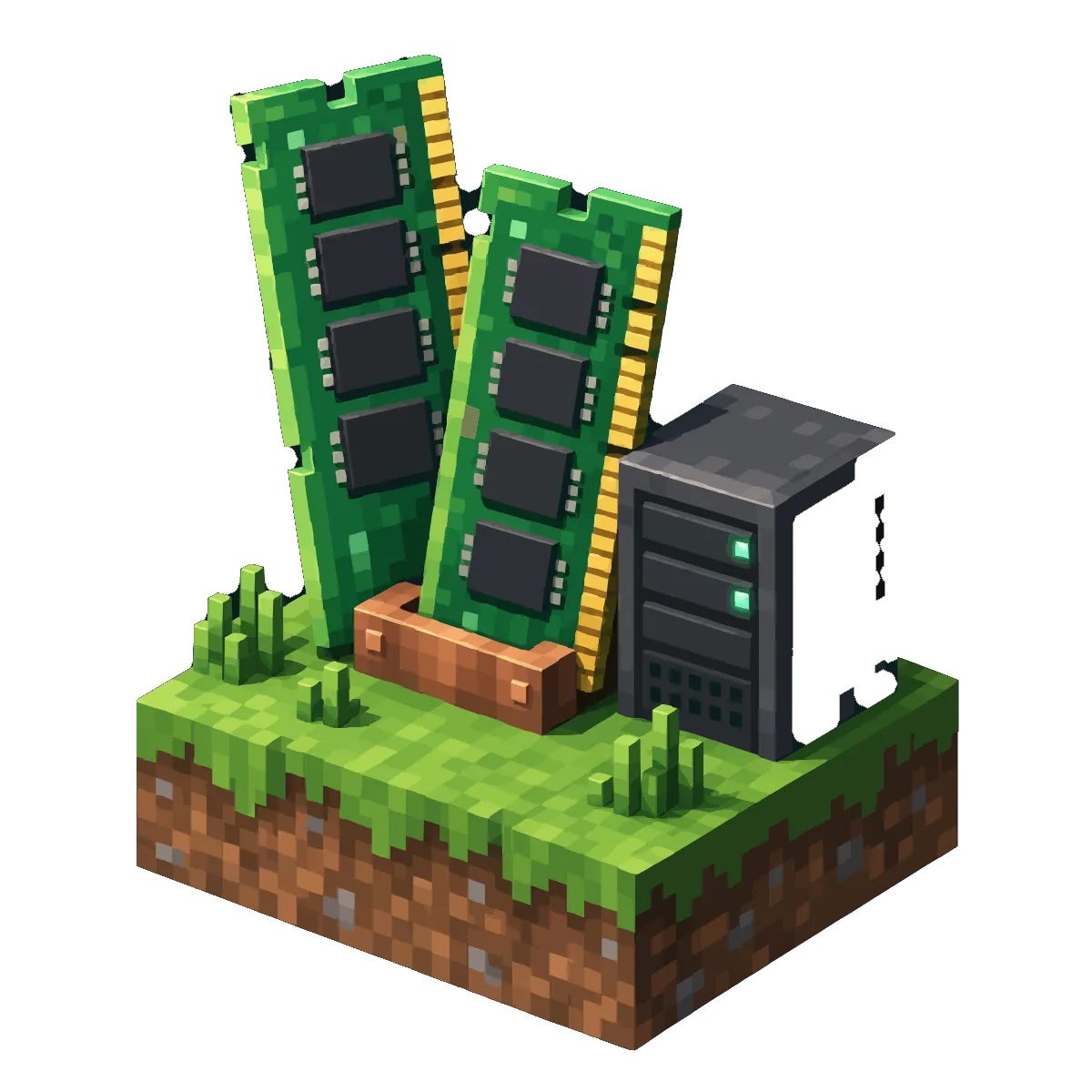 Minecraft-style illustration of two RAM sticks and a server on a grass block