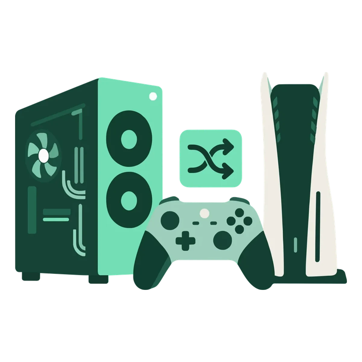 A gaming PC, a controller and a console side by side with a crossing arrows icon