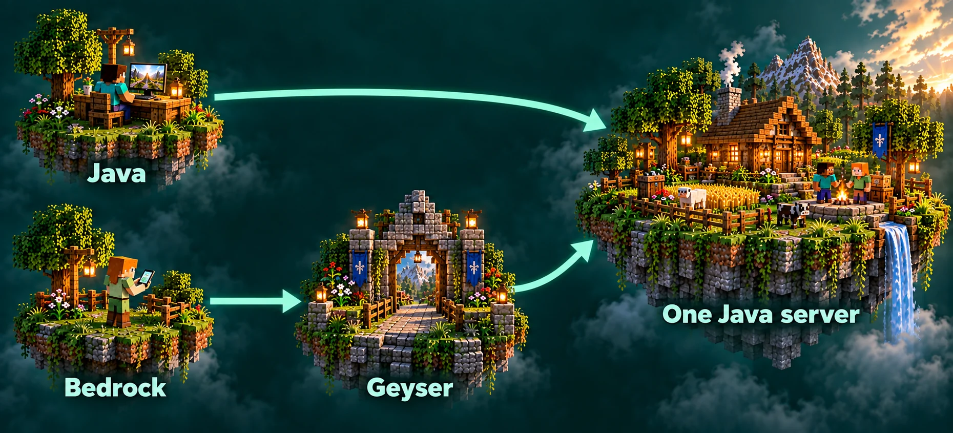 Java players connect directly while Bedrock players connect through Geyser to the same Java server