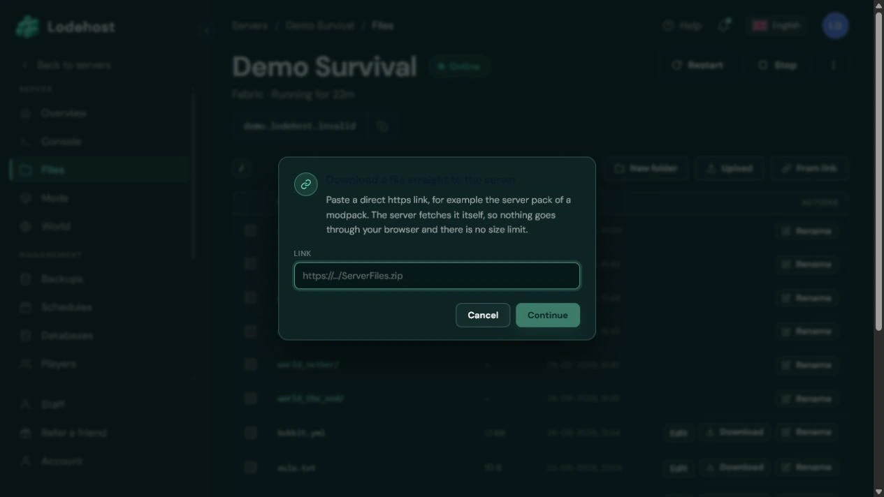 From link import dialog in the real Lodehost file manager
