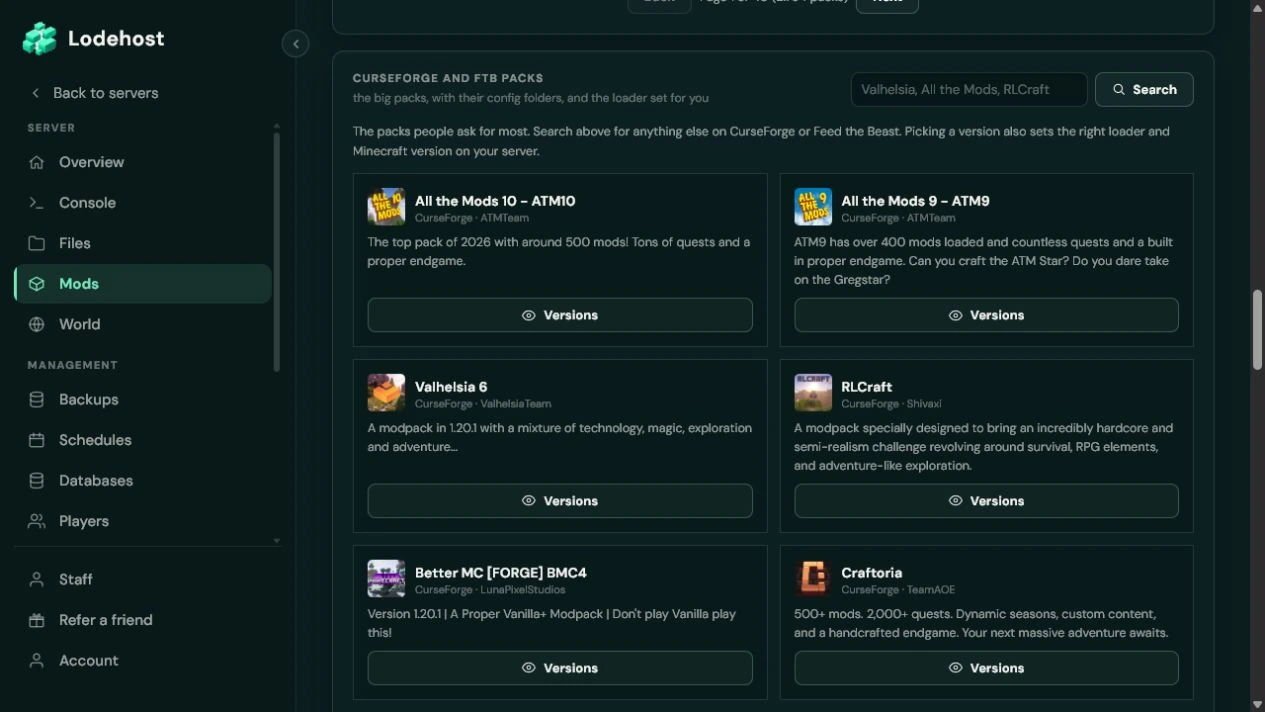CurseForge and FTB modpack catalog in the real Lodehost panel