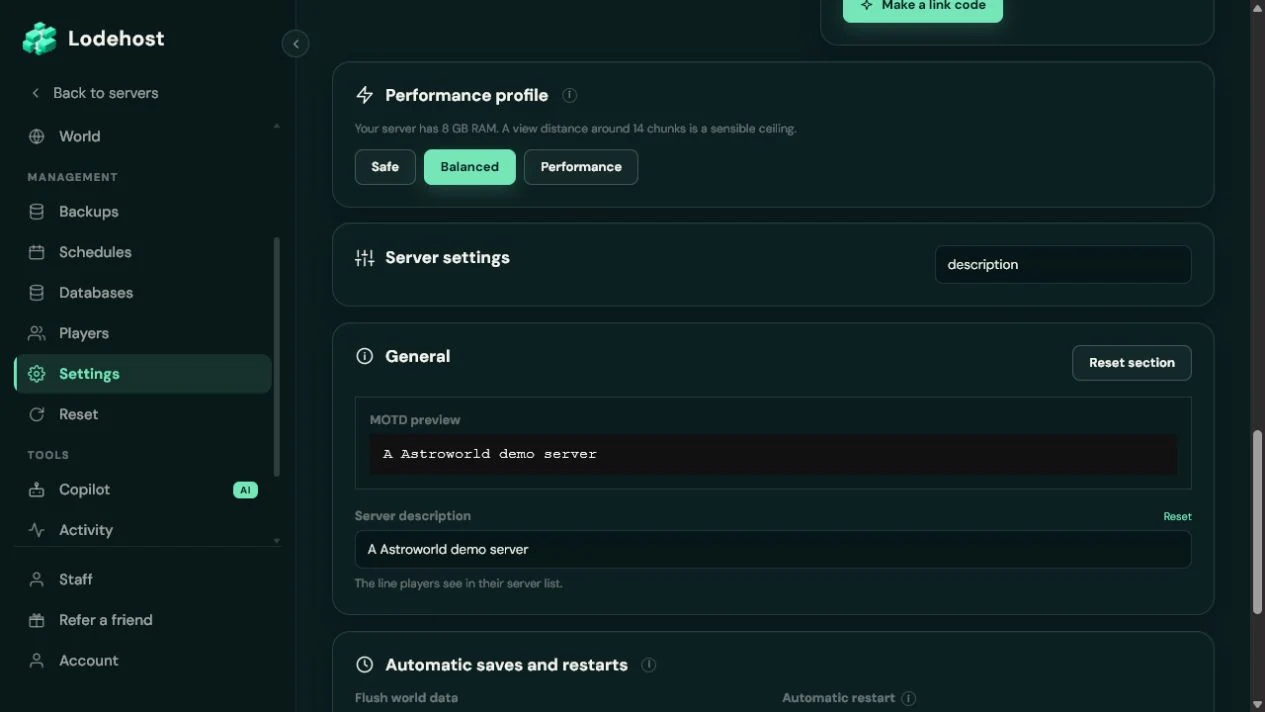 MOTD preview and server description in the real Lodehost settings panel