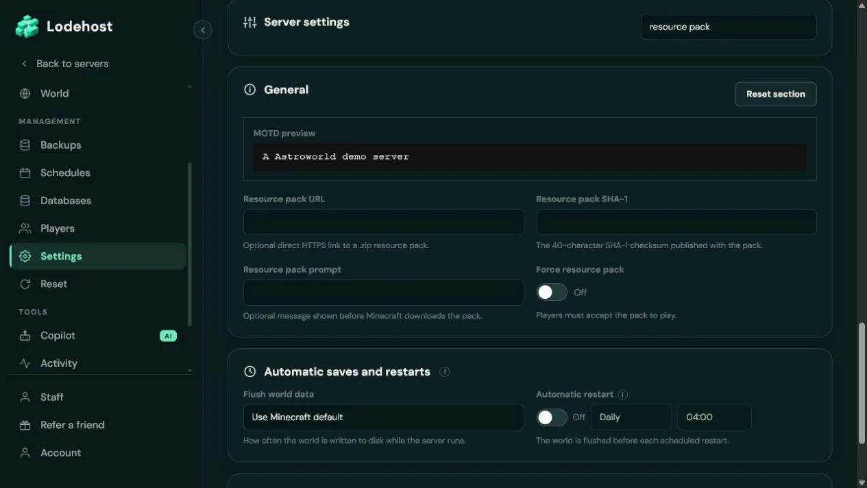 Resource pack URL, SHA-1, prompt and requirement settings in the real Lodehost panel