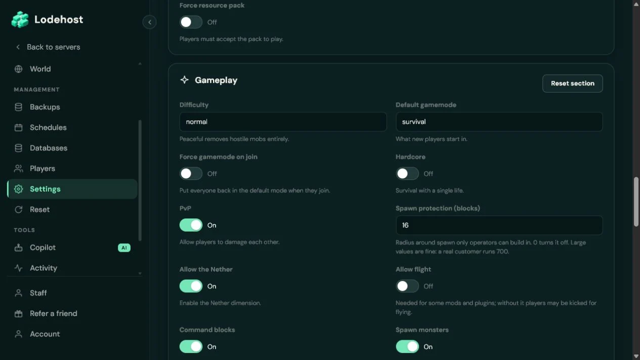 Gameplay controls for difficulty, gamemode, PvP and spawn protection in the real Lodehost panel