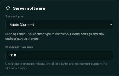 Server software settings in the real Lodehost panel, with Fabric selected on the demo server