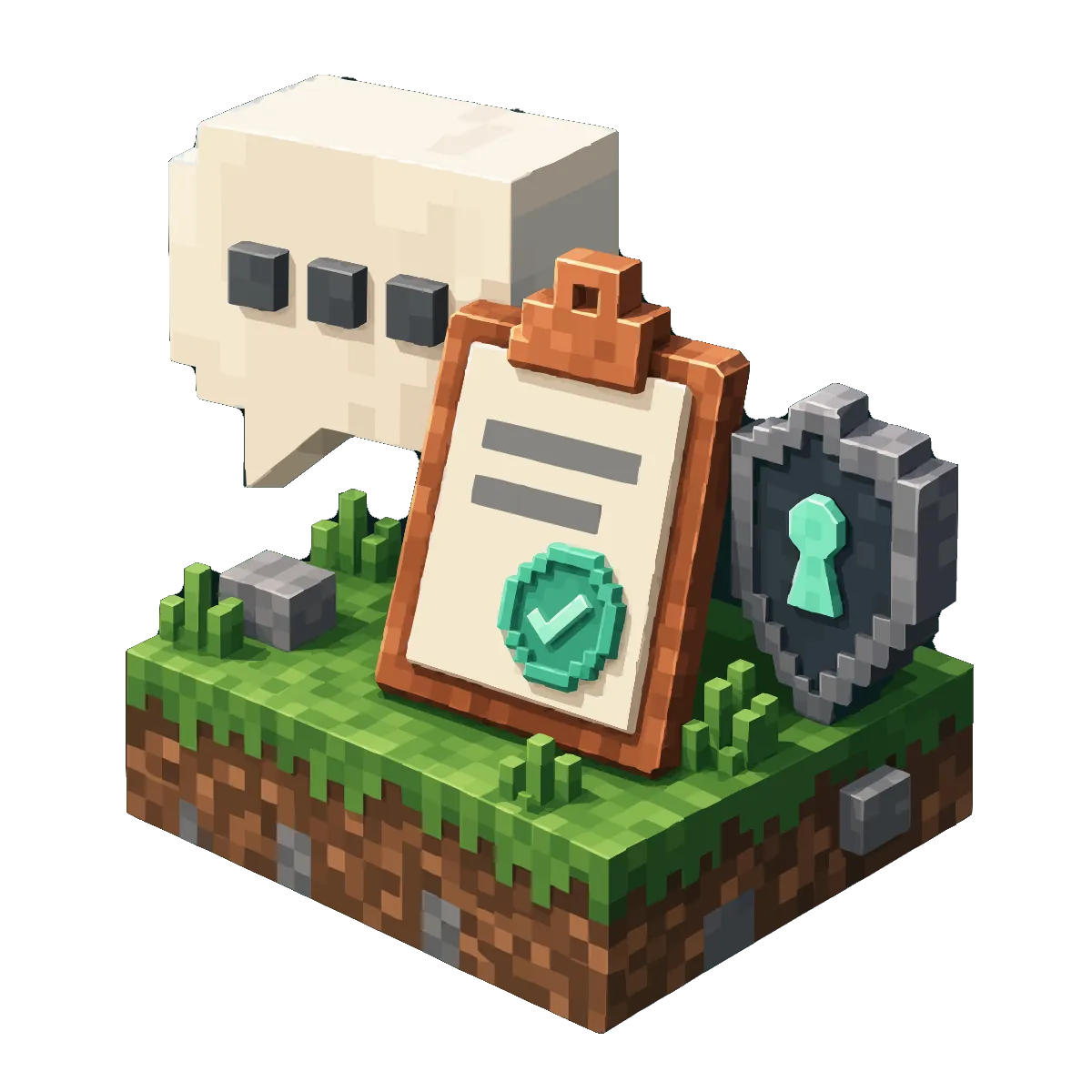 A speech bubble with a seal on its corner beside a small server and a switch