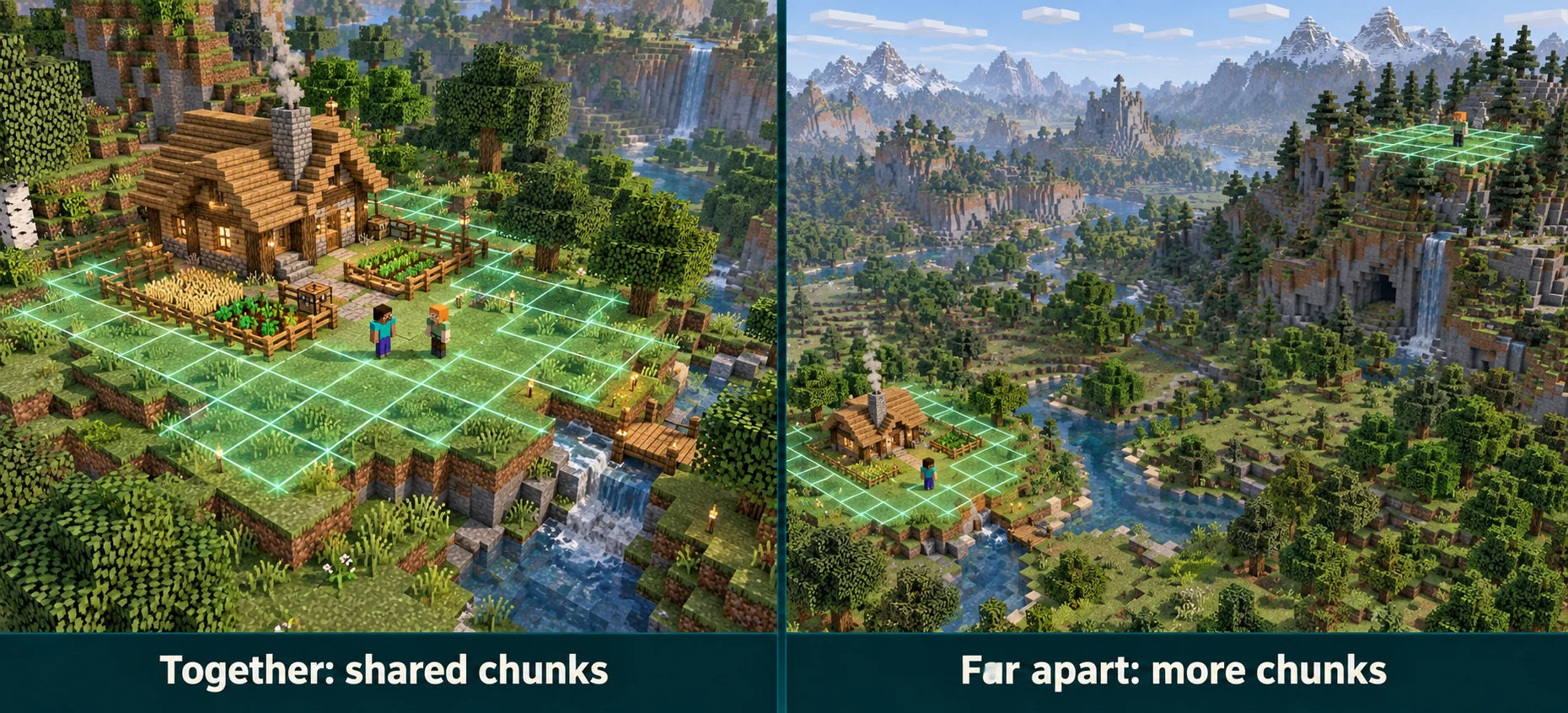 Minecraft illustration comparing two players sharing loaded chunks at one base with two players exploring separate areas of the world.