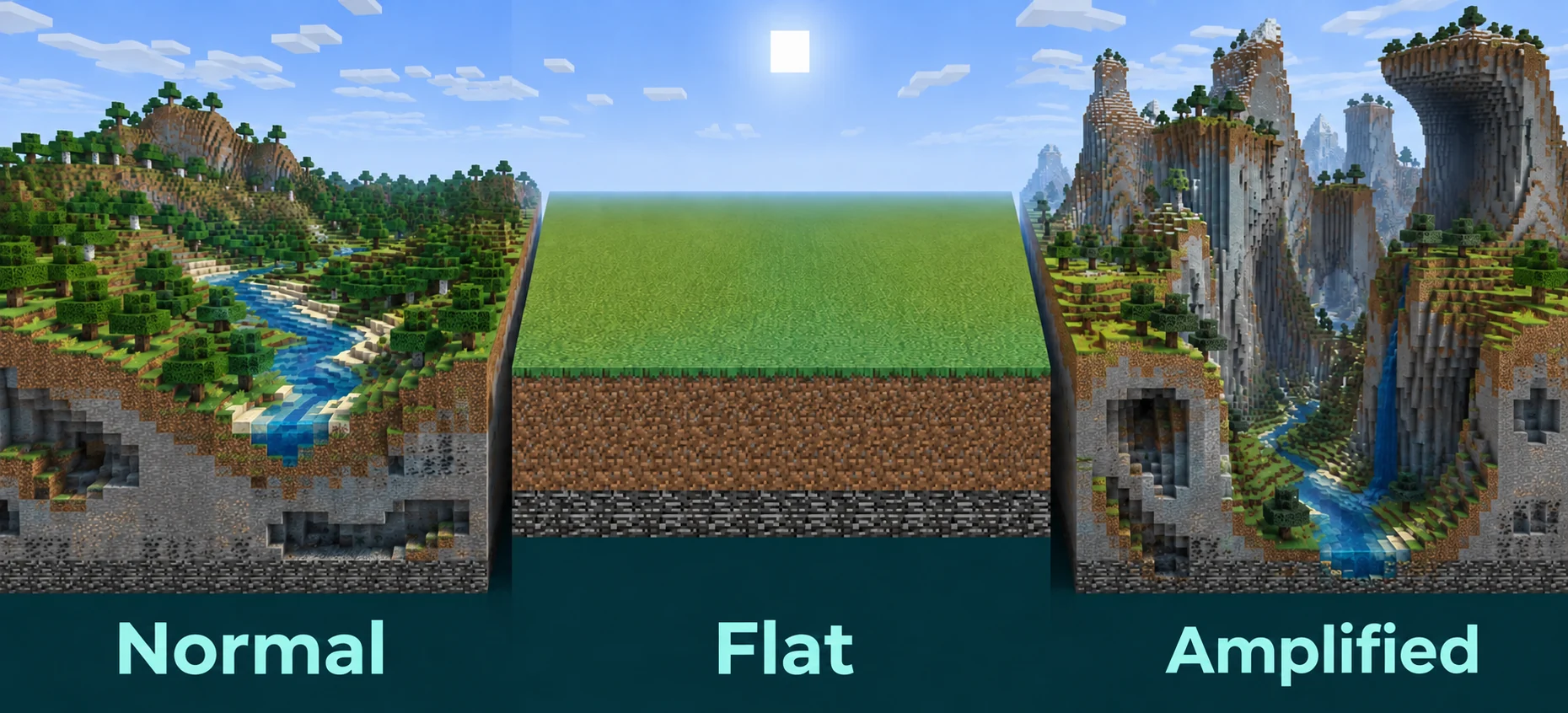 Illustrated comparison of Normal, Flat and Amplified Minecraft terrain