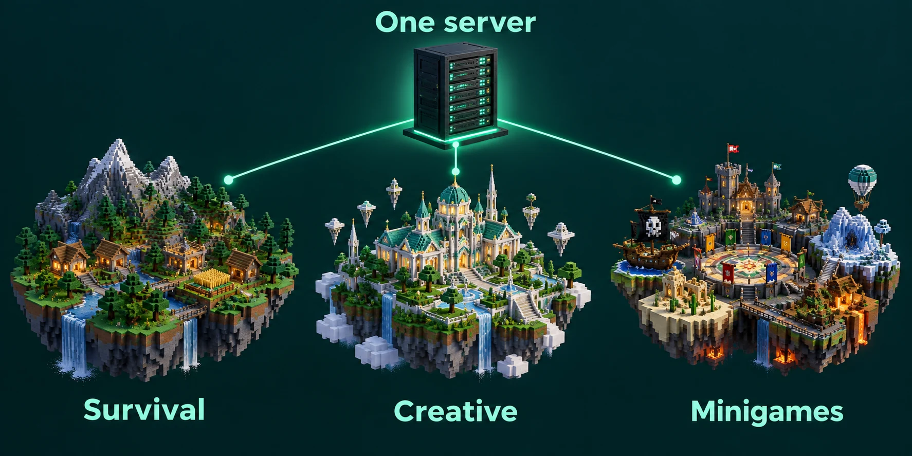 One Minecraft server managing separate survival, creative and minigame worlds