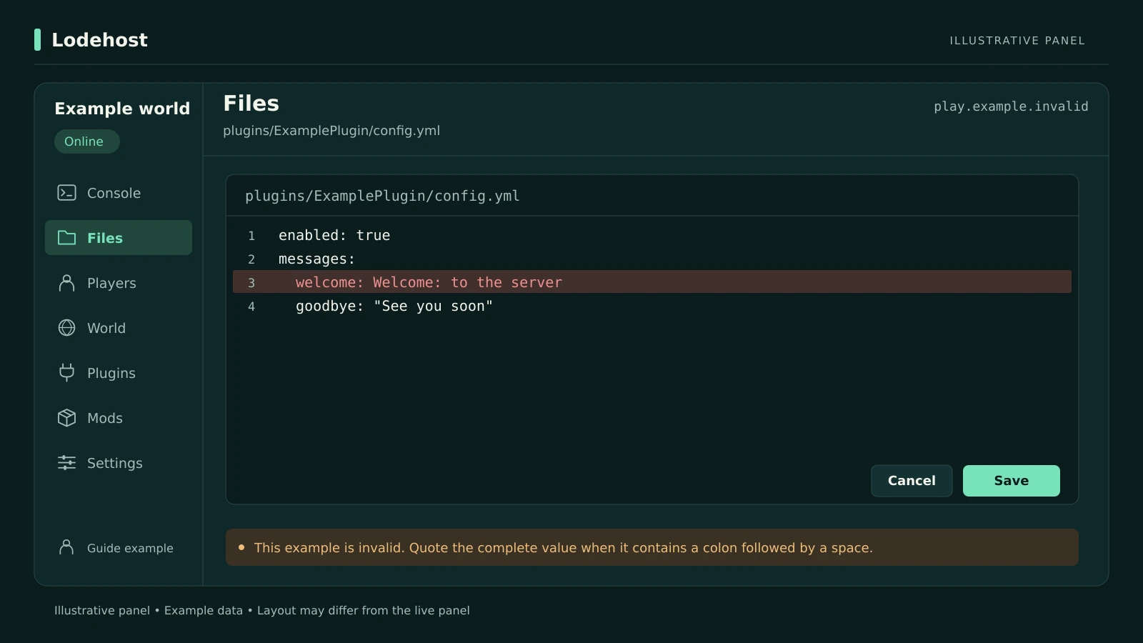 config.yml pluginu otwarty w edytorze plików z zaznaczoną błędną linijką