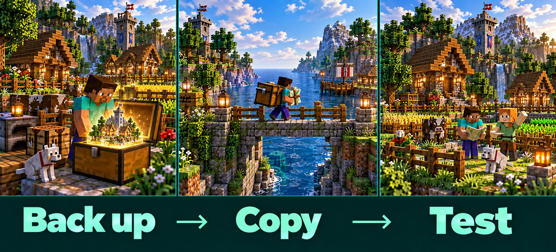 Minecraft server migration illustrated in three steps: back up, copy and test
