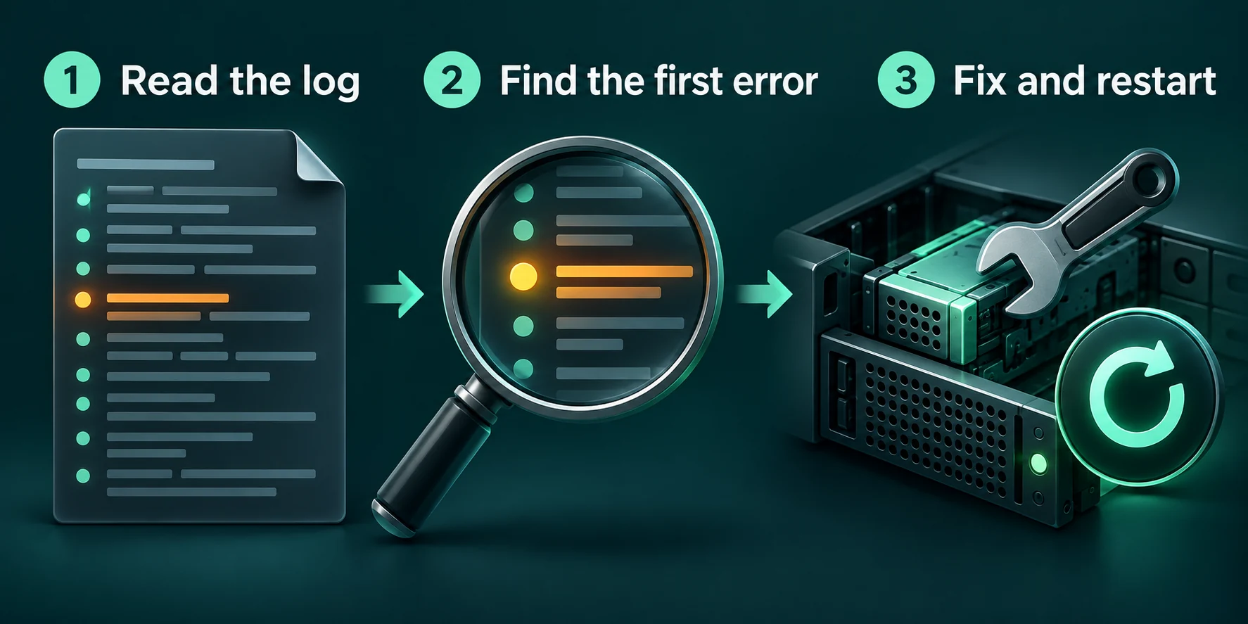 Read the startup log, find the first error and restart after fixing it