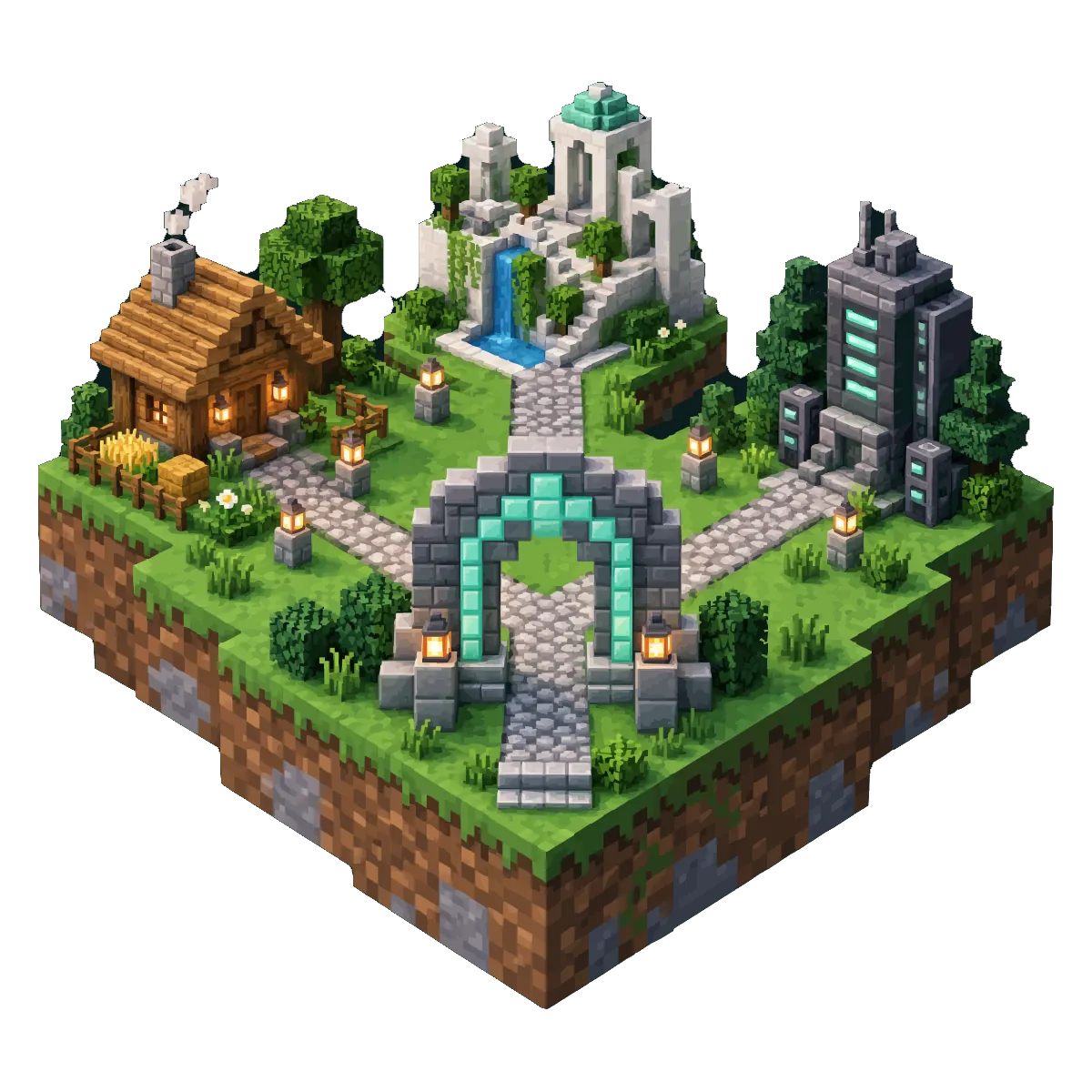 One entrance leading to three Minecraft servers: lobby, survival and creative