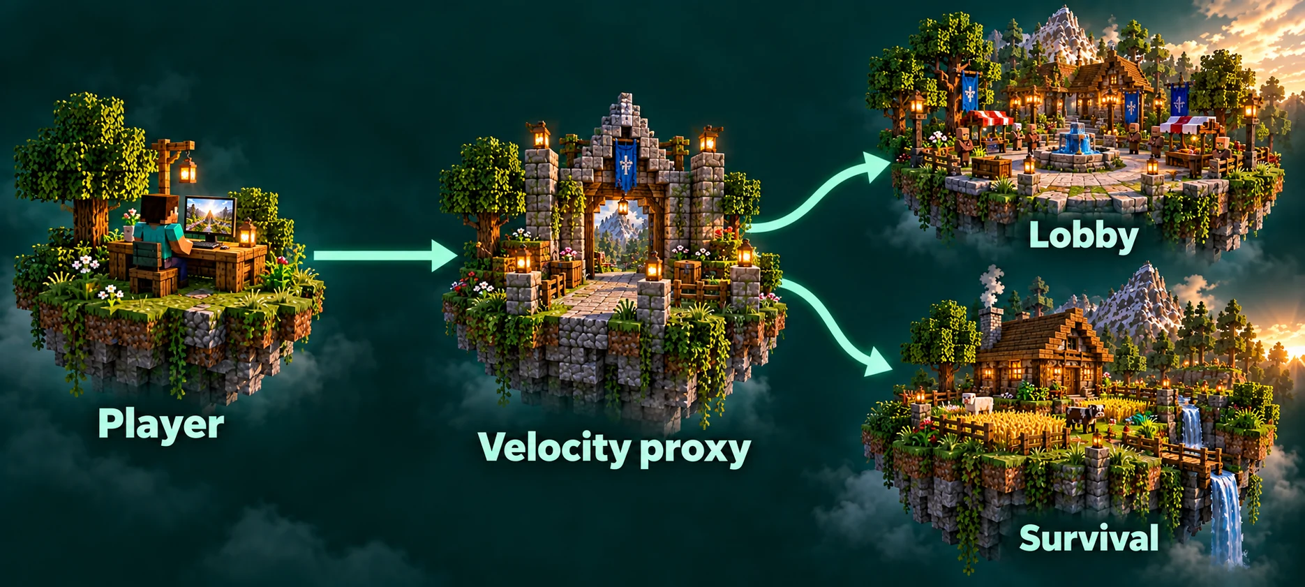 A player connects through a Velocity proxy to separate lobby and survival servers