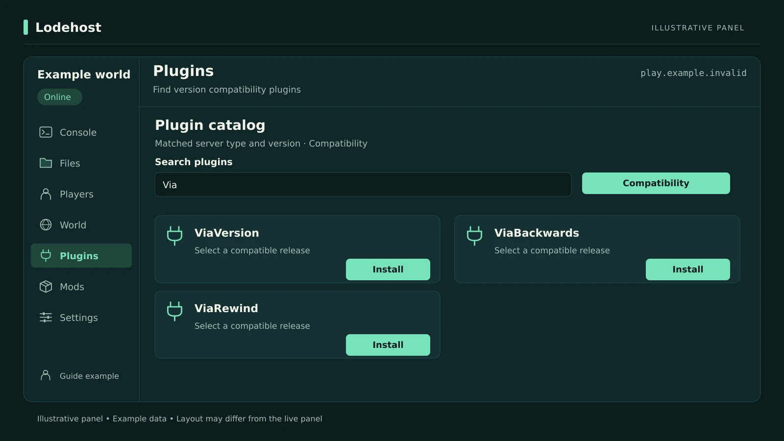 Katalog pluginów w zakładce Pluginy przefiltrowany po Compatibility, z kartami ViaVersion, ViaBackwards i ViaRewind
