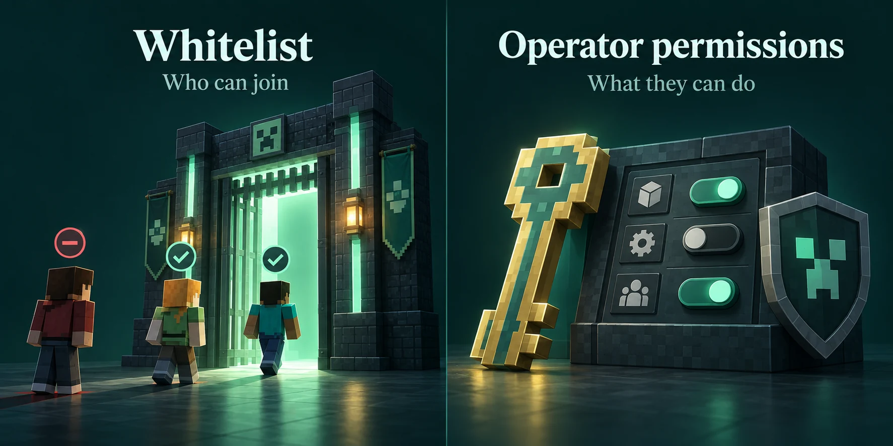 Whitelist controls who may join; operator permissions control what a player may do