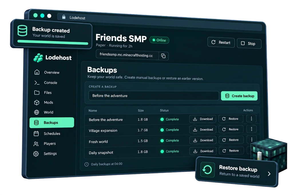 Lodehost panel: Backups and restore