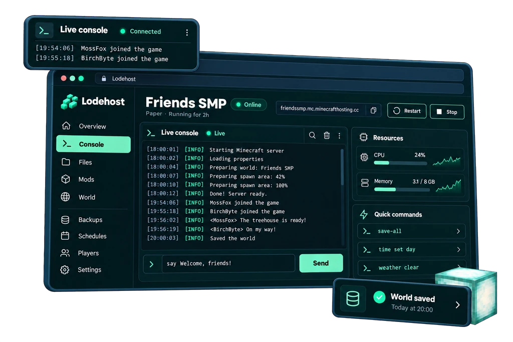 Lodehost panel: Live console
