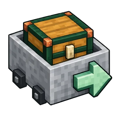 Minecart carrying a chest with a green arrow, for moving a world over from another host